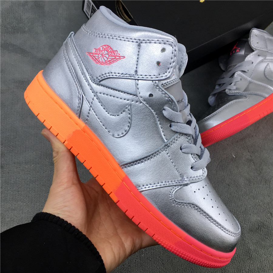 2020 Air Jordan 1 Mid GS Silver Orange Shoes For Women - Click Image to Close
